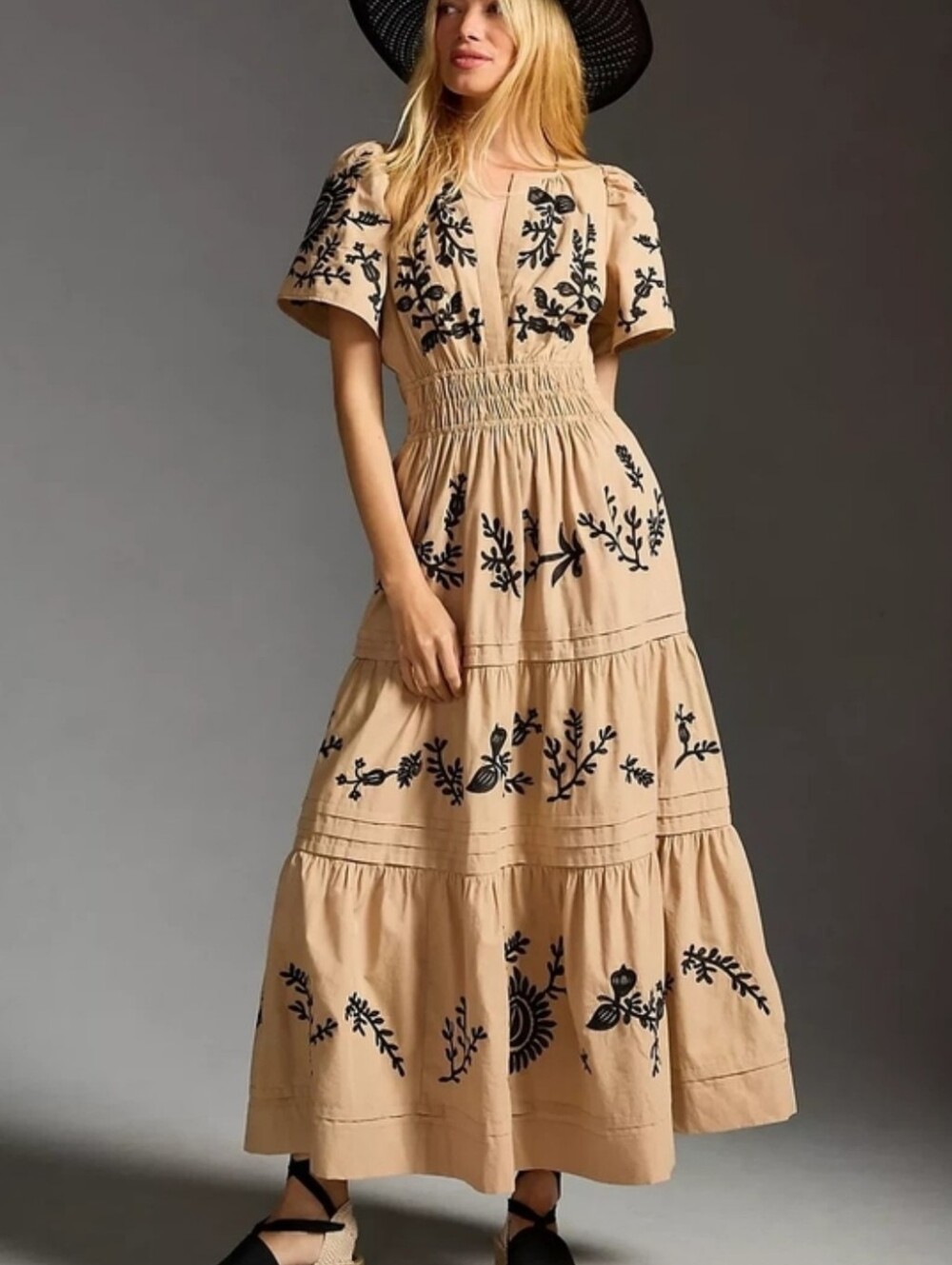Anthropologie Somerset Beige w/ Black Embroidery Tiered Maxi Dress Women's S